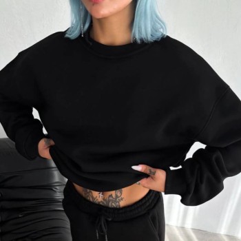 Kadın Bisiklet Yaka 3 İplik Pamuklu Basic SweatShirt - Siyah