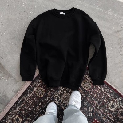Kadın Bisiklet Yaka 3 İplik Pamuklu Basic SweatShirt - Siyah