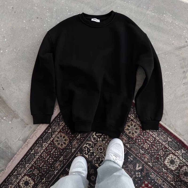 Kadın Bisiklet Yaka 3 İplik Pamuklu Basic SweatShirt - Siyah