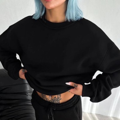 Kadın Bisiklet Yaka 3 İplik Pamuklu Basic SweatShirt - Siyah