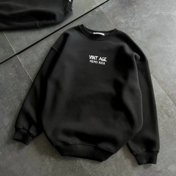 Kadın Bisiklet Yaka 3 İplik pamuklu Baskılı Oversize SweatShirt - Siyah