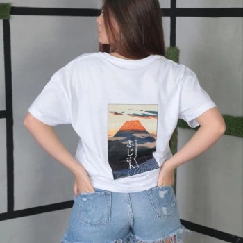 Kadın Bisiklet Yaka Baskılı Kısa kol Oversize T-Shirt- Beyaz