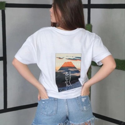 Kadın Bisiklet Yaka Baskılı Kısa kol Oversize T-Shirt- Beyaz