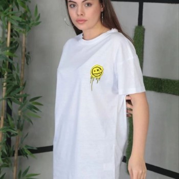 Kadın Bisiklet Yaka Baskılı Kısa kol Oversize T-Shirt - Beyaz