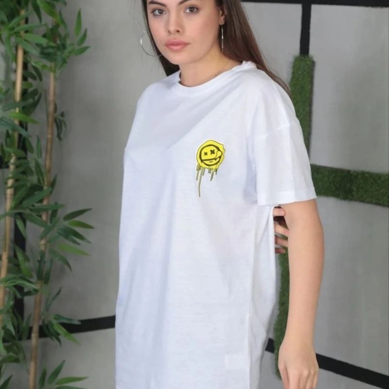 Kadın Bisiklet Yaka Baskılı Kısa kol Oversize T-Shirt - Beyaz