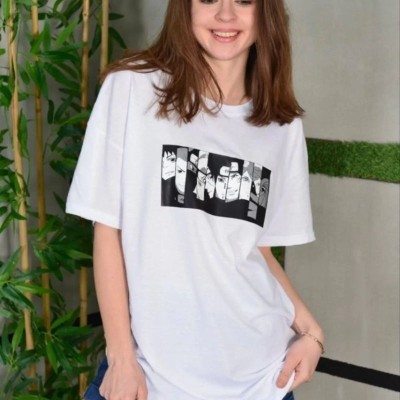 Kadın Bisiklet Yaka Baskılı  Kısa kol Oversize T-Shirt - Beyaz