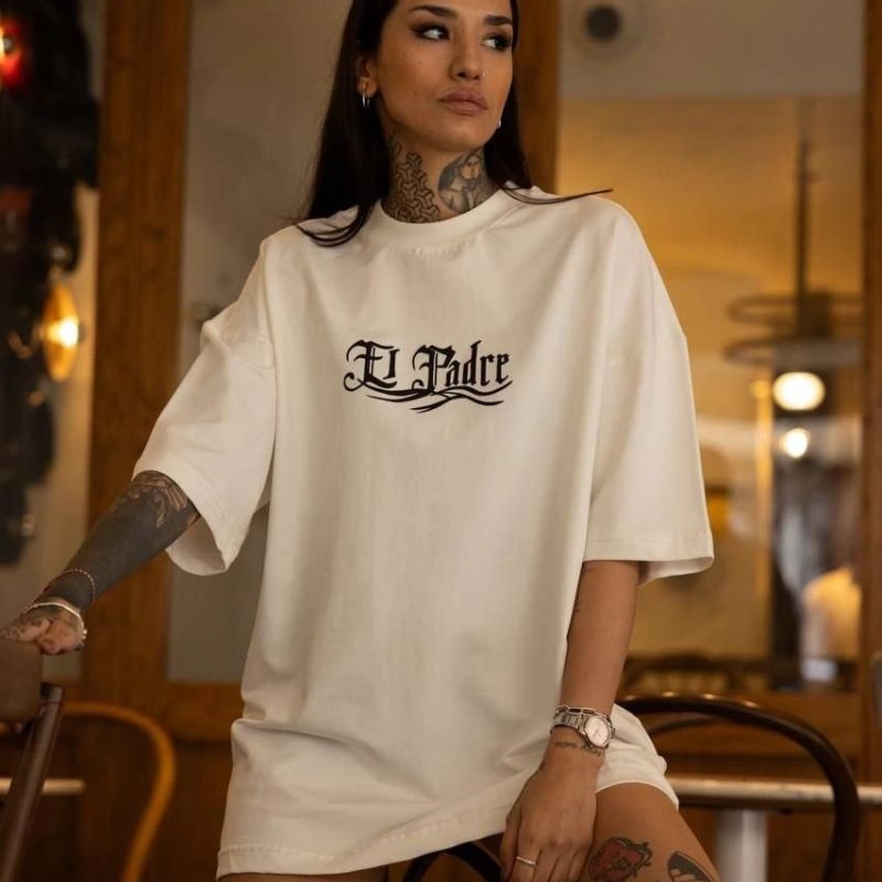 kadın Bisiklet Yaka Baskılı  Kısa kol Oversize T-Shirt - Beyaz