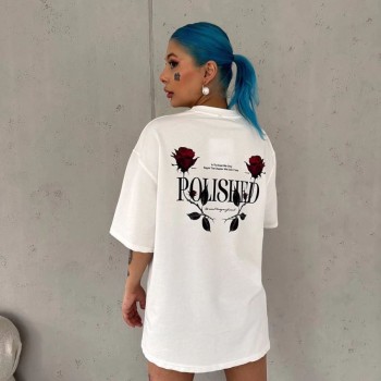Kadın Bisiklet Yaka Baskılı Kısa kol Oversize T-Shirt - Beyaz