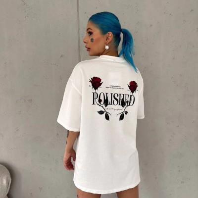 Kadın Bisiklet Yaka Baskılı Kısa kol Oversize T-Shirt - Beyaz