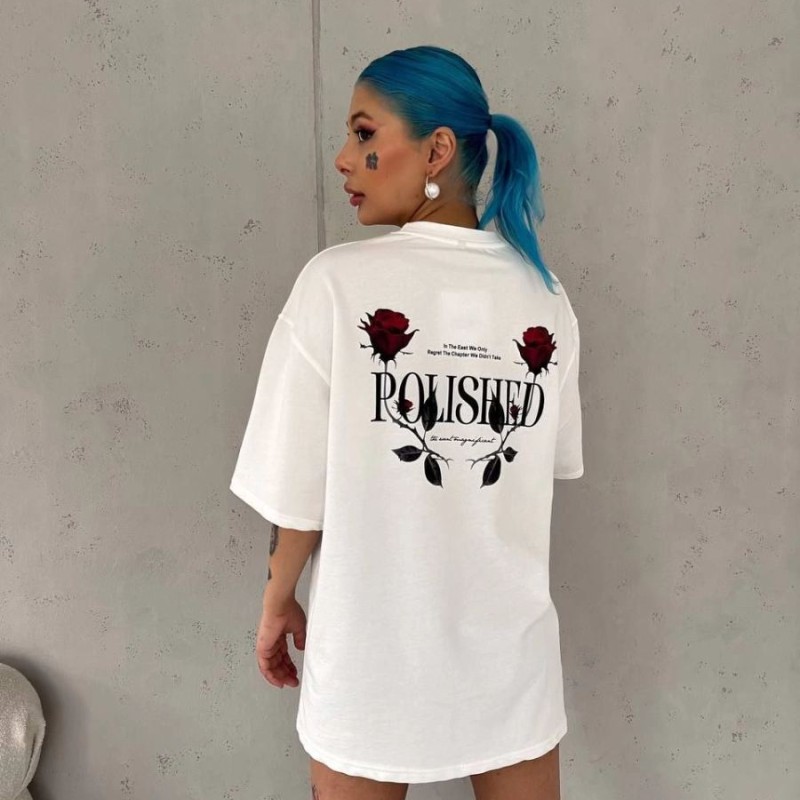Kadın Bisiklet Yaka Baskılı Kısa kol Oversize T-Shirt - Beyaz