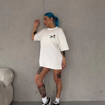 Kadın Bisiklet Yaka Baskılı Kısa kol Oversize T-Shirt - Beyaz