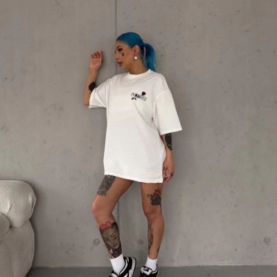 Kadın Bisiklet Yaka Baskılı Kısa kol Oversize T-Shirt - Beyaz
