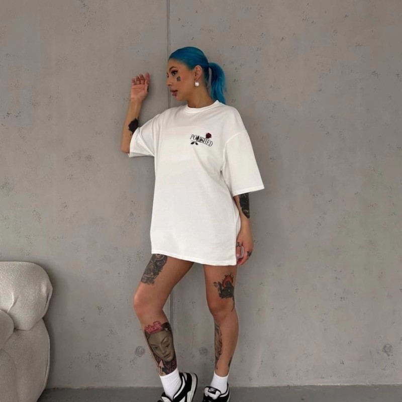 Kadın Bisiklet Yaka Baskılı Kısa kol Oversize T-Shirt - Beyaz