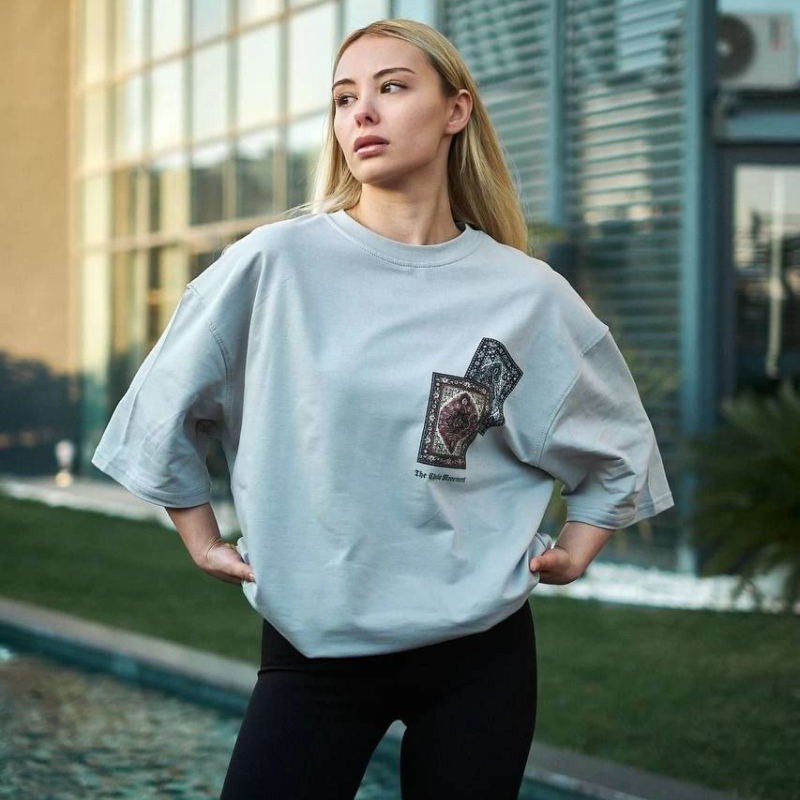 kadın Bisiklet Yaka Baskılı Kısa kol Oversize T-Shirt - Boyalı Gri