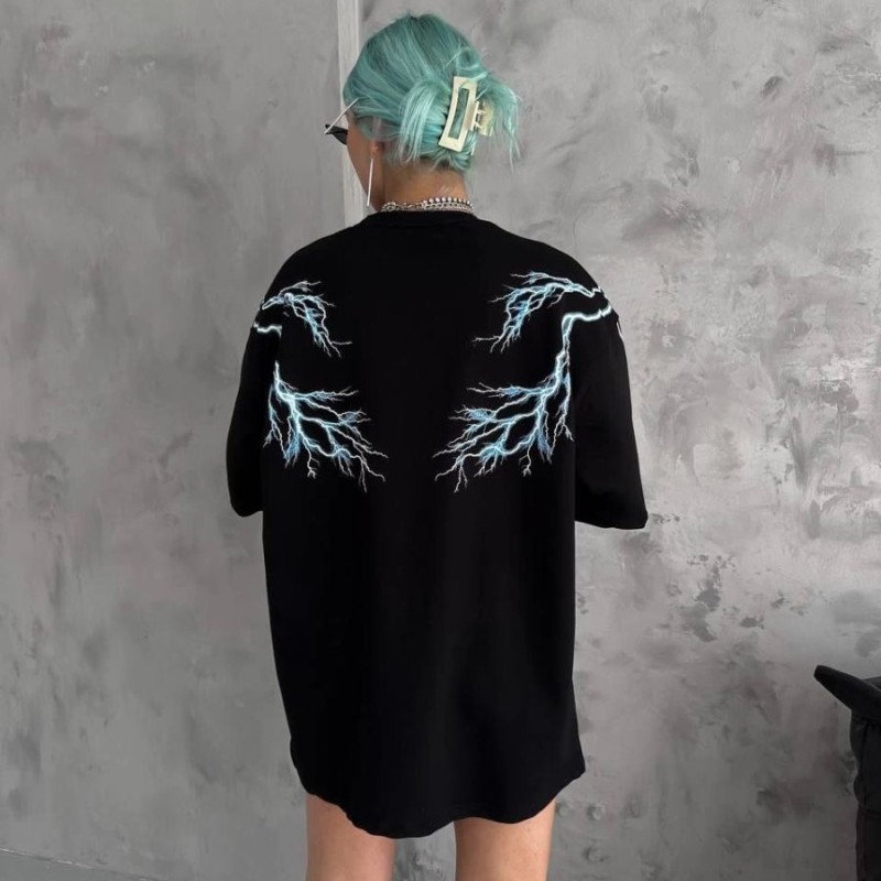 Kadın Bisiklet Yaka Baskılı  Kısa kol Oversize T-Shirt - Siyah
