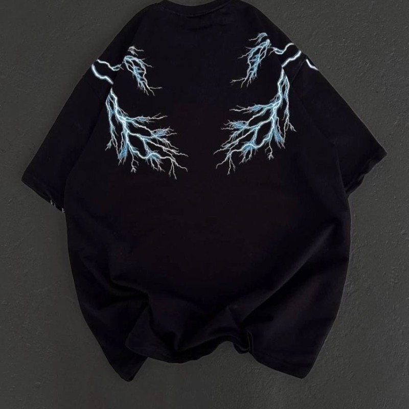 Kadın Bisiklet Yaka Baskılı  Kısa kol Oversize T-Shirt - Siyah