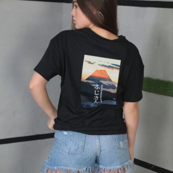 Kadın Bisiklet Yaka Baskılı Kısa kol Oversize T-Shirt - Siyah