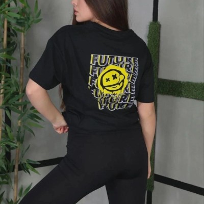 Kadın Bisiklet Yaka Baskılı  Kısa kol Oversize T-Shirt - Siyah