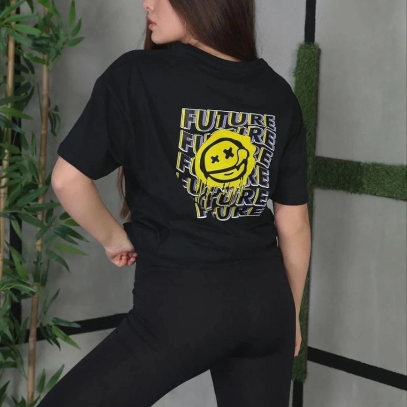 Kadın Bisiklet Yaka Baskılı  Kısa kol Oversize T-Shirt - Siyah