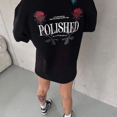 Kadın Bisiklet Yaka Baskılı kısa kol Oversize T-Shirt - Siyah