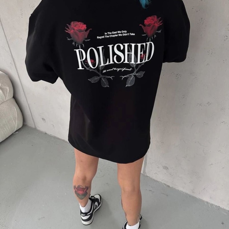Kadın Bisiklet Yaka Baskılı kısa kol Oversize T-Shirt - Siyah