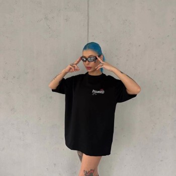 Kadın Bisiklet Yaka Baskılı kısa kol Oversize T-Shirt - Siyah