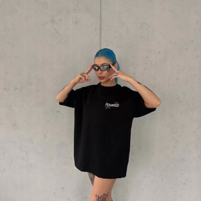 Kadın Bisiklet Yaka Baskılı kısa kol Oversize T-Shirt - Siyah