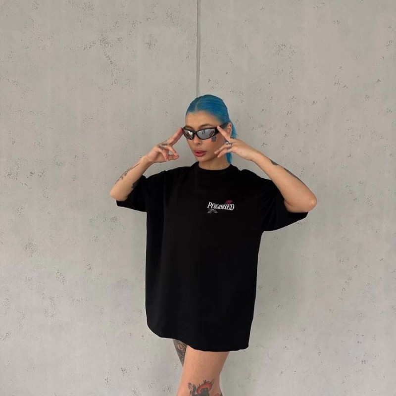 Kadın Bisiklet Yaka Baskılı kısa kol Oversize T-Shirt - Siyah