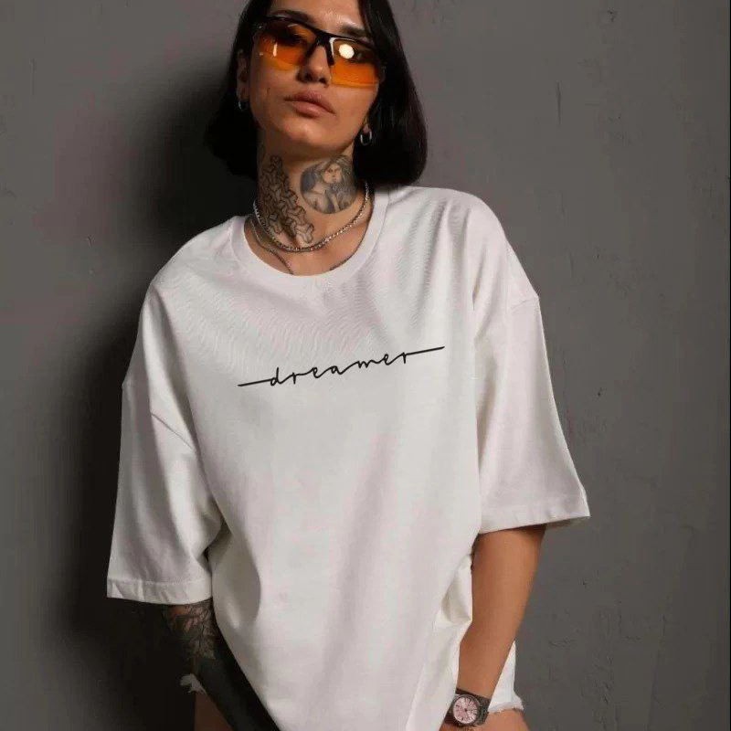 Kadın Bisiklet Yaka Baskılı  Kısa kol T-Shirt - Beyaz