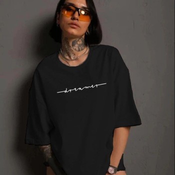 Kadın Bisiklet Yaka Baskılı kısa kol T-Shirt - Siyah