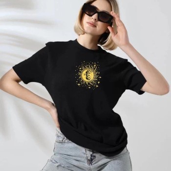 Kadın Bisiklet Yaka Baskılı  Kısa kol T-Shirt - Siyah