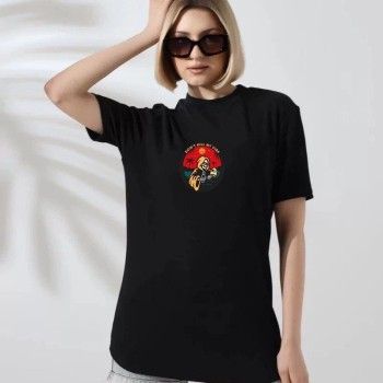 Kadın Bisiklet Yaka Baskılı  kısa kol T-Shirt - Siyah