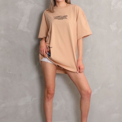 kadın Bisiklet Yaka Baskılı Oversize Kısa kol T-Shirt - Bej