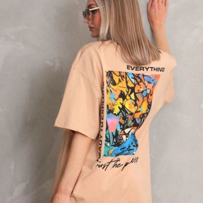 kadın Bisiklet Yaka Baskılı Oversize Kısa kol T-Shirt - Bej