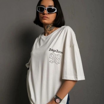 kadın Bisiklet Yaka Baskılı Oversize Kısa kol  T-Shirt - Beyaz