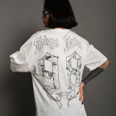 kadın Bisiklet Yaka Baskılı Oversize Kısa kol  T-Shirt - Beyaz
