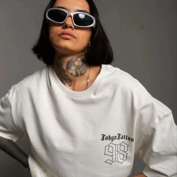 kadın Bisiklet Yaka Baskılı Oversize Kısa kol  T-Shirt - Beyaz