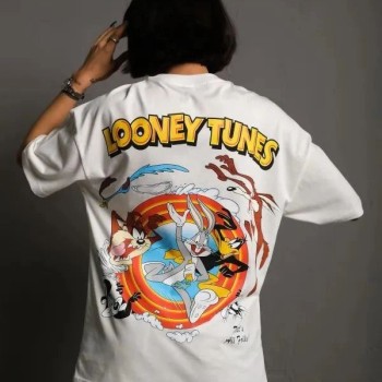 kadın Bisiklet Yaka Baskılı Oversize Kısa kol  T-Shirt - Beyaz