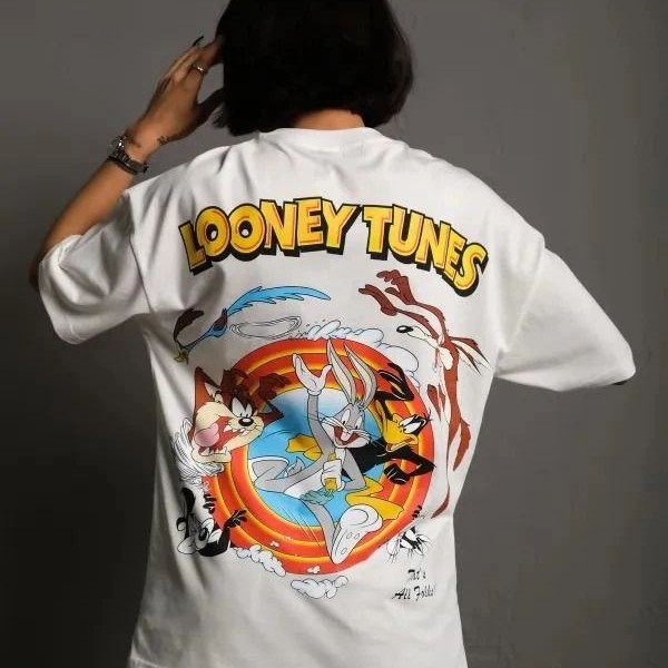 kadın Bisiklet Yaka Baskılı Oversize Kısa kol  T-Shirt - Beyaz