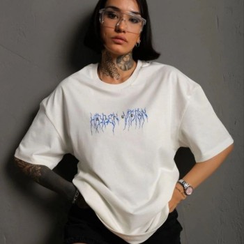 kadın Bisiklet Yaka Baskılı Oversize Kısa kol  T-Shirt - Beyaz
