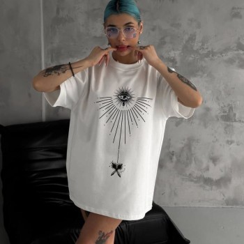 kadın Bisiklet Yaka Baskılı Oversize  Kısa kol T-Shirt - Beyaz
