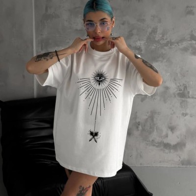 kadın Bisiklet Yaka Baskılı Oversize  Kısa kol T-Shirt - Beyaz