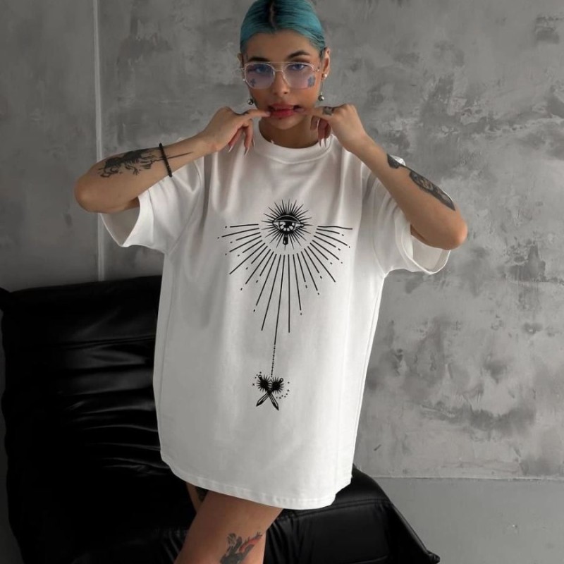 kadın Bisiklet Yaka Baskılı Oversize  Kısa kol T-Shirt - Beyaz