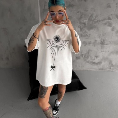 kadın Bisiklet Yaka Baskılı Oversize  Kısa kol T-Shirt - Beyaz