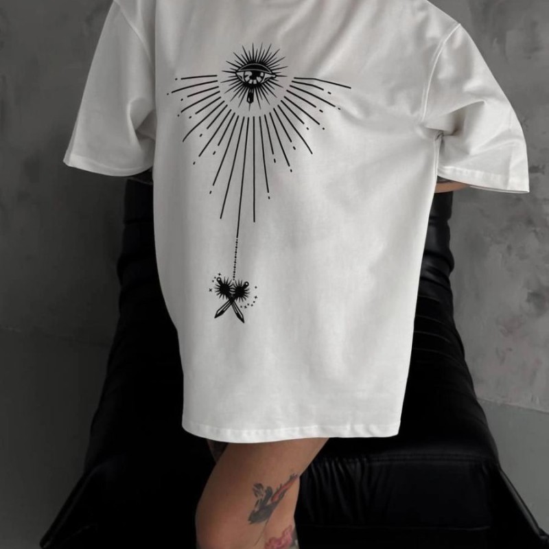 kadın Bisiklet Yaka Baskılı Oversize  Kısa kol T-Shirt - Beyaz