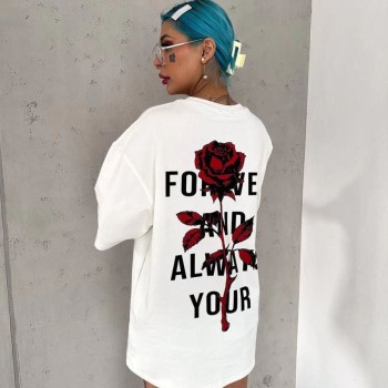 kadın Bisiklet Yaka Baskılı Oversize Kısa kol  T-Shirt - Beyaz