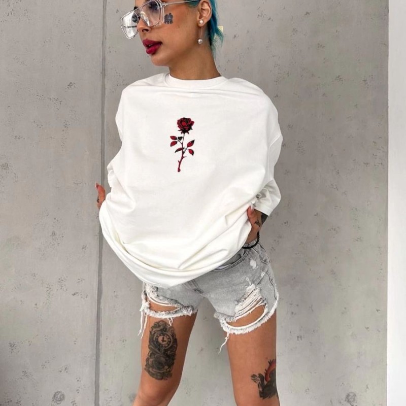 kadın Bisiklet Yaka Baskılı Oversize Kısa kol  T-Shirt - Beyaz