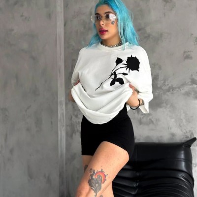kadın Bisiklet Yaka Baskılı Oversize  Kısa kol T-Shirt - Beyaz