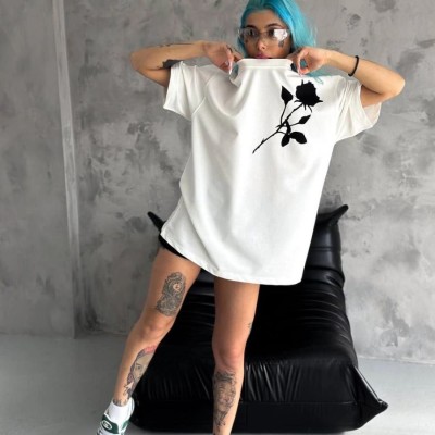 kadın Bisiklet Yaka Baskılı Oversize  Kısa kol T-Shirt - Beyaz