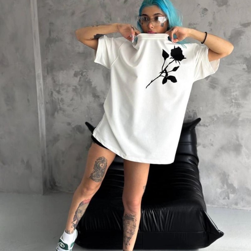 kadın Bisiklet Yaka Baskılı Oversize  Kısa kol T-Shirt - Beyaz